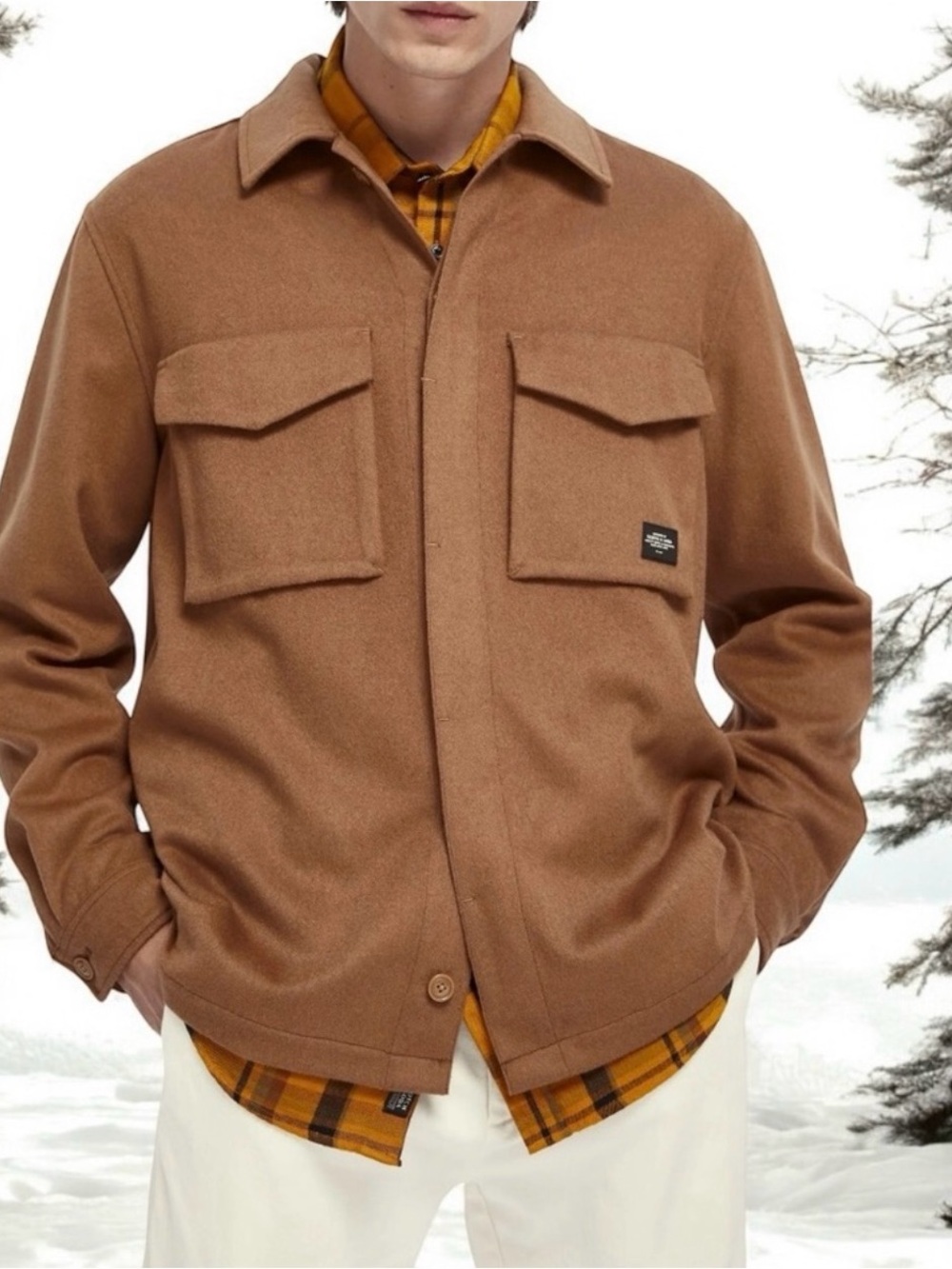 Scotch & Soda Brushed Wool Blend Overshirt Jacket Brown Camel Utility Size M